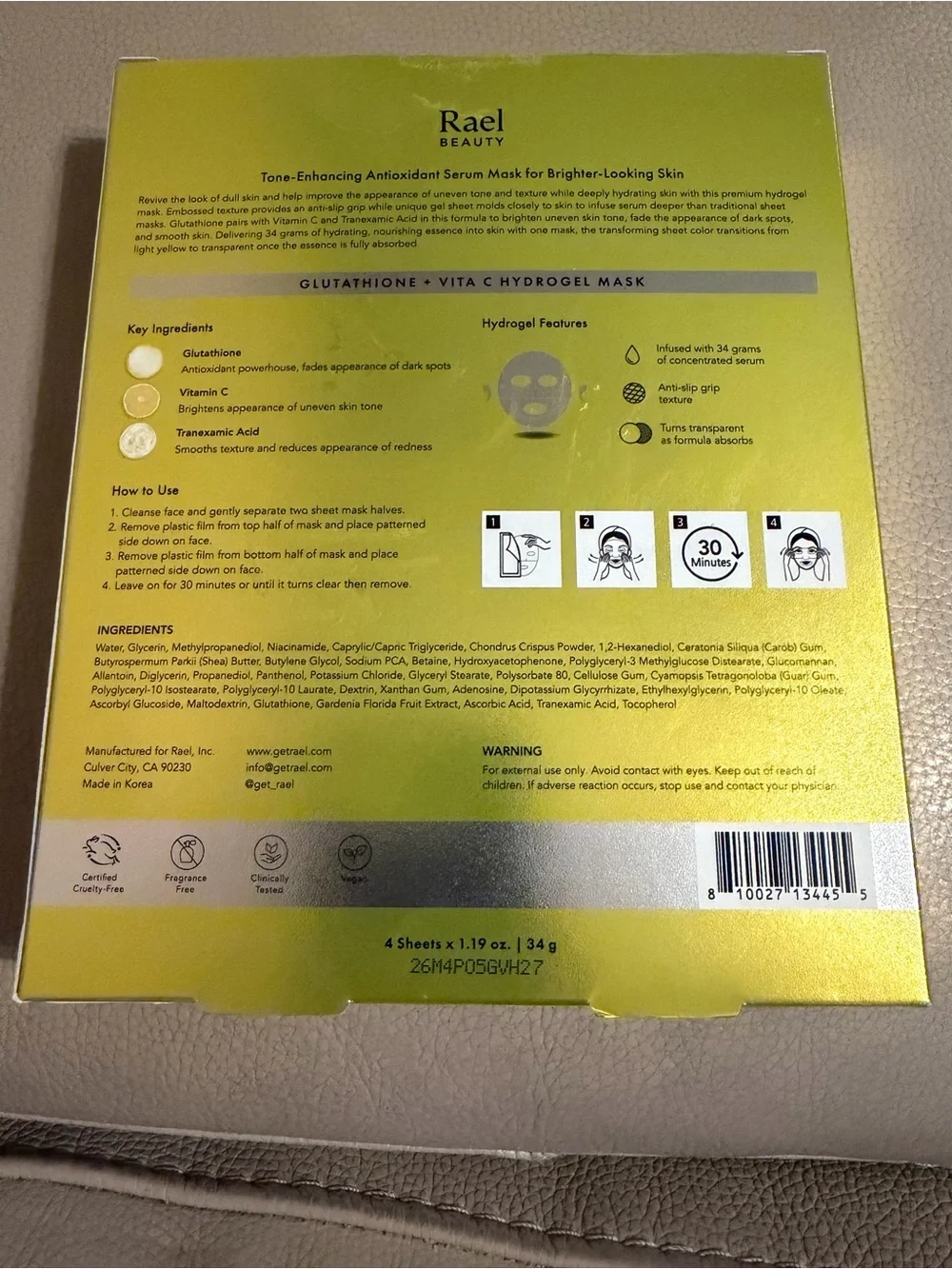 Rare Beauty Glutathione + Vita C Hydrogel Mask — Bright Yellow Sheet Pack